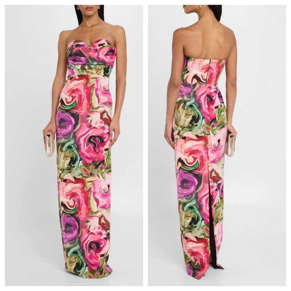 Black Halo Leonora Strapless Abstract-Print Column Gown